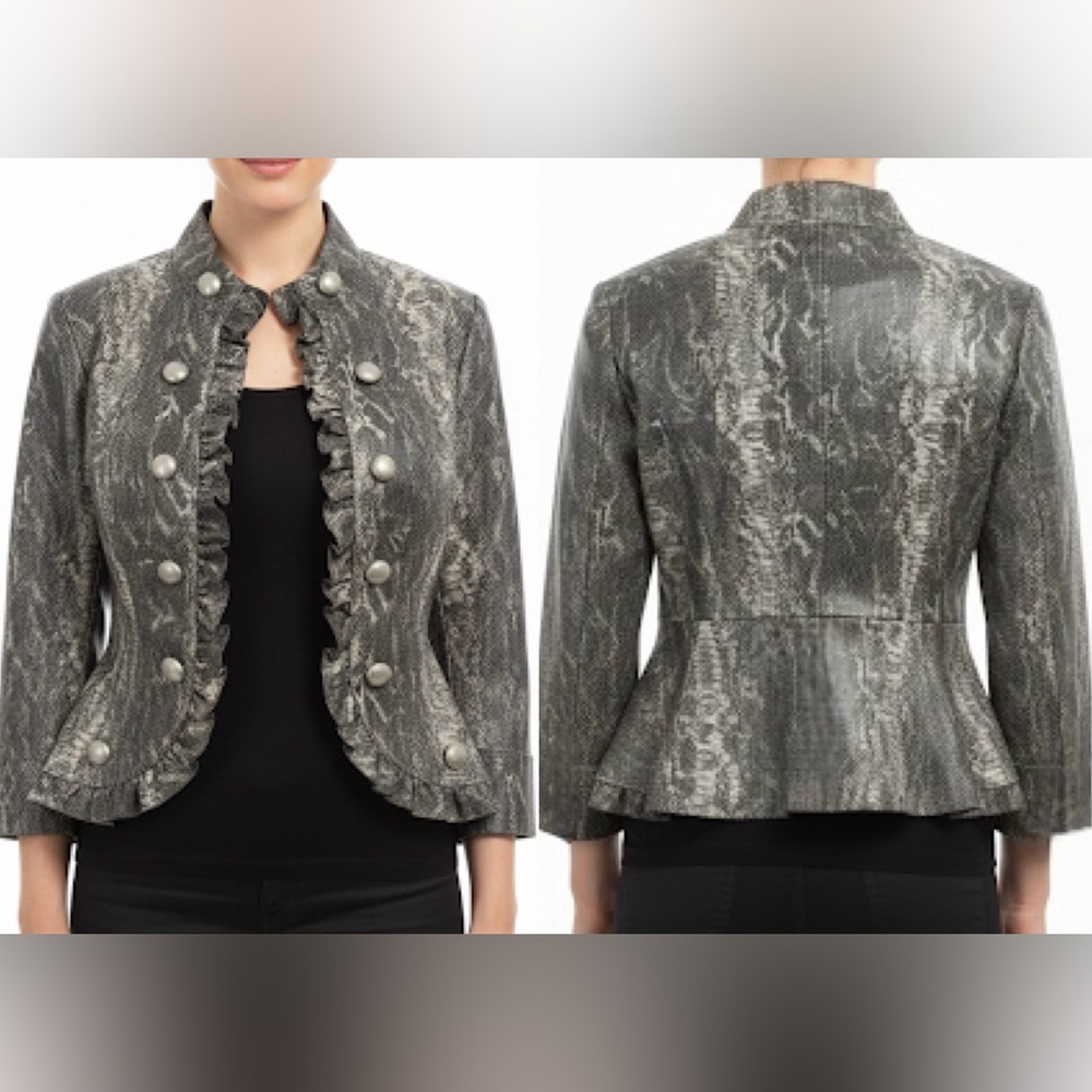 Ruffle Trim Faux Leather Snakeskin Peplum Military Open Blazer Suit  Jacket S/M